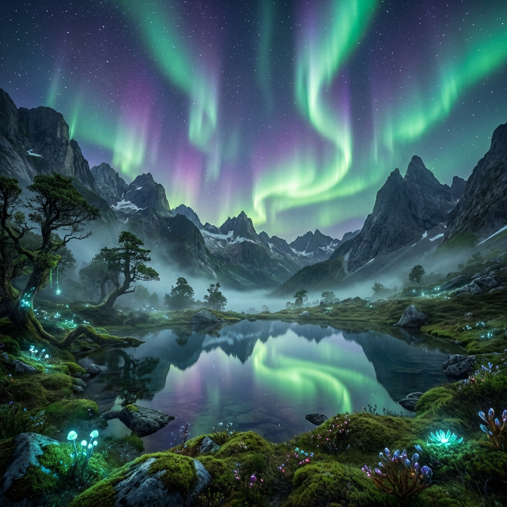 AI-generated fantasy landscape with mountains and aurora